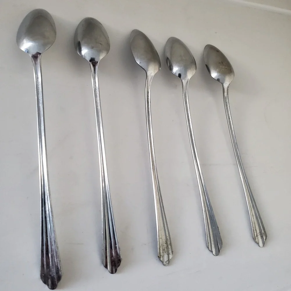 Vintage NS Co Stainless Plate Iced Tea Spoons Set of 5 Art Deco Long Handle